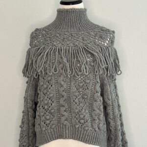 Zara - Mockneck Fringe Sweater - Grey - Small